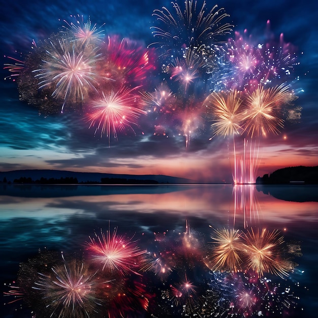 Foto fuochi d'artificio sul lago con riflesso nell'acqua