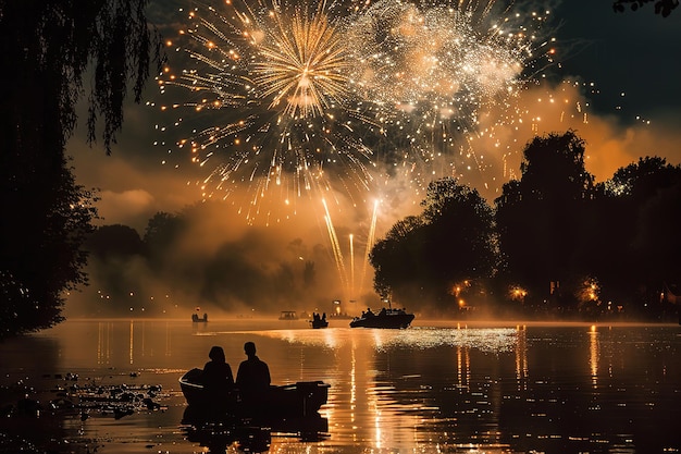 Fireworks over a lake with silhouettes of people in a boat