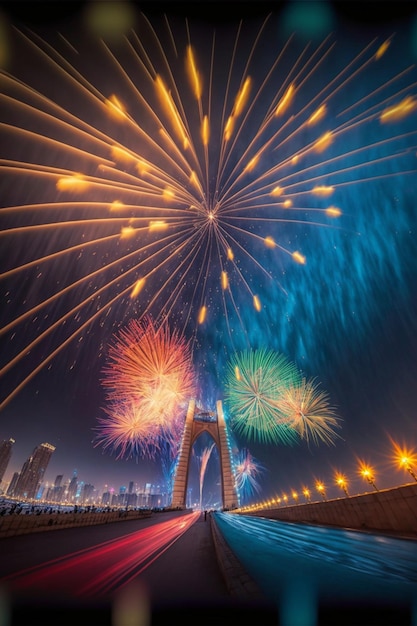 Fireworks light up the night sky over a bridge generative ai