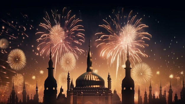 Fireworks over a mosque and a fireworks display