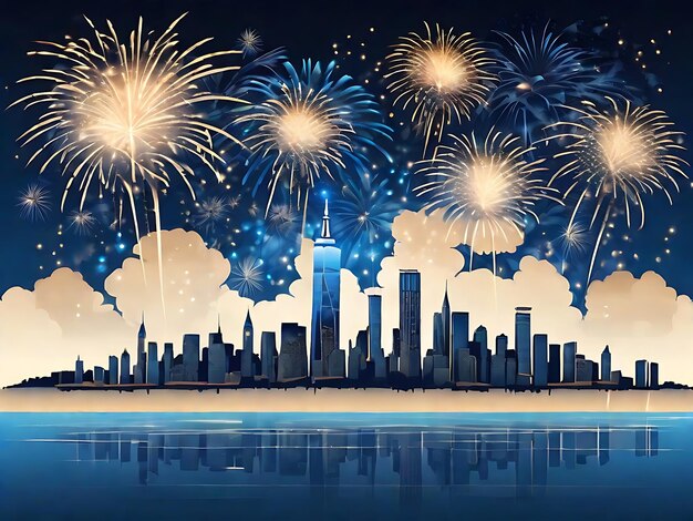 Fireworks Over New York City Skyline with Dark Sky Blue and Light Beige Background