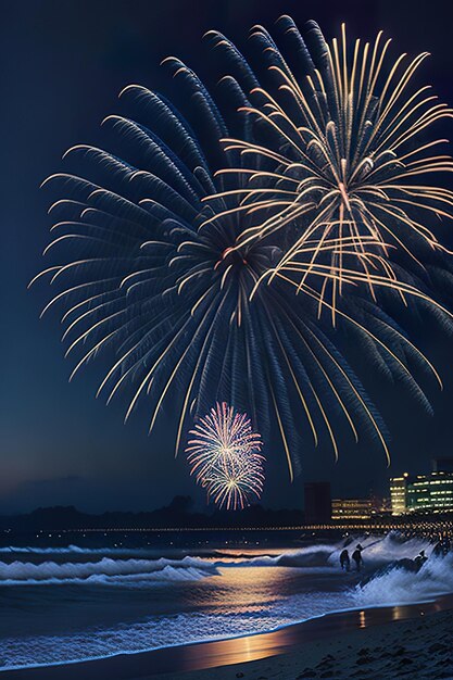 Fireworks at night on the beach with people Generative AI