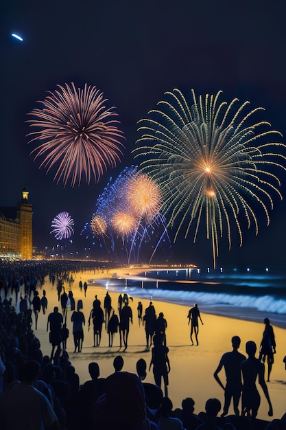 Fireworks at night on the beach with people Generative AI