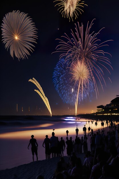 Fireworks at night on the beach with people Generative AI