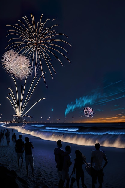 Photo fireworks at night on the beach with people generative ai