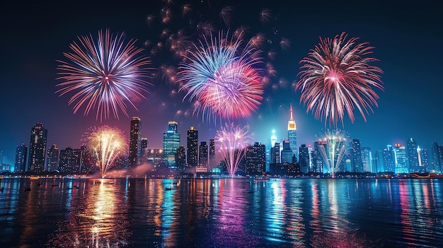 Foto fuochi d'artificio nel cielo notturno sopra la città