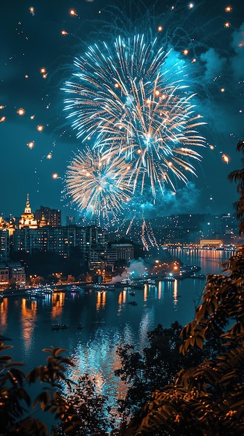 Foto fuochi d'artificio nel cielo notturno sopra la città