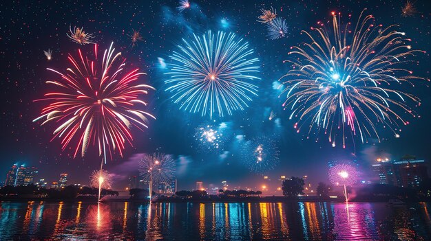 Foto fuochi d'artificio nel cielo notturno sopra la città