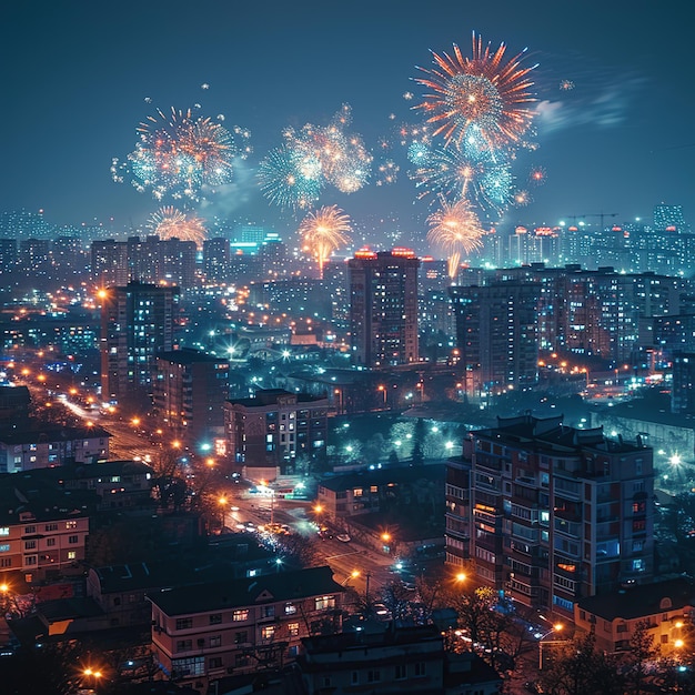 Foto fuochi d'artificio nel cielo notturno sopra la città