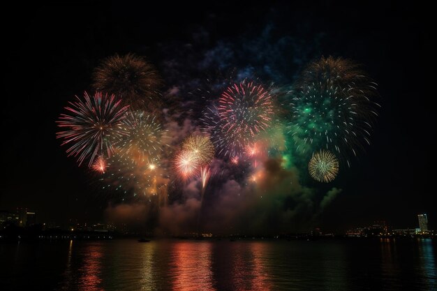 Fireworks in the night sky over the water