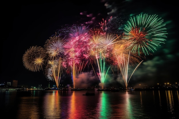 Fireworks in the night sky over the water