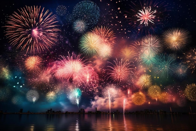 Fireworks on the night sky with the city in the background