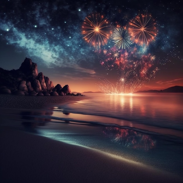 Fireworks over the ocean and the sky