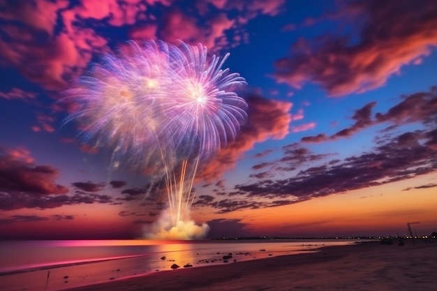 夕暮れ時の海上の花火