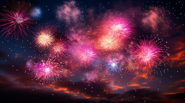 Fireworks pink and yellow in the dark sky background