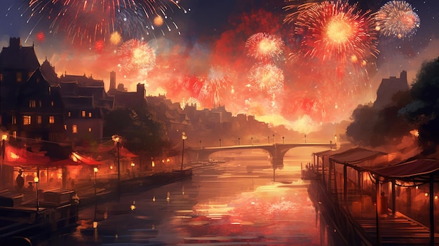 Fireworks over a river with a bridge in the background