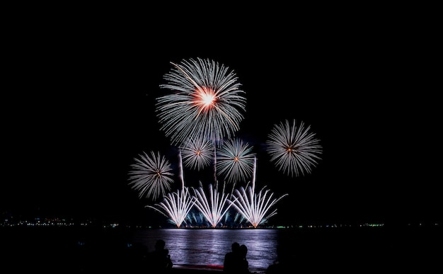 Fireworks at the sea in night time for celebration of new years