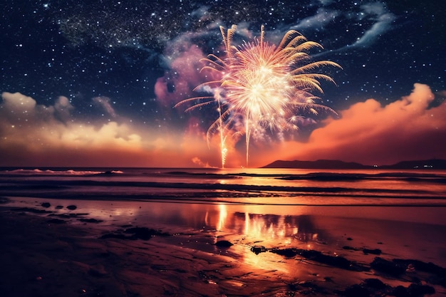 Fireworks in the sky over a beach