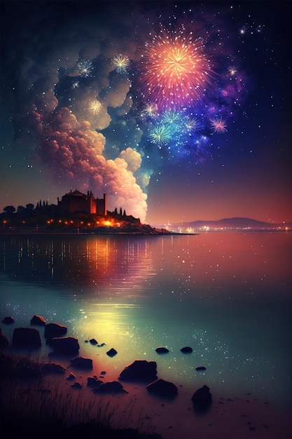 Fireworks in the sky over a body of water generative ai