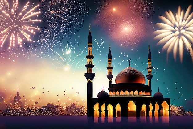 Fireworks in the sky over a mosque