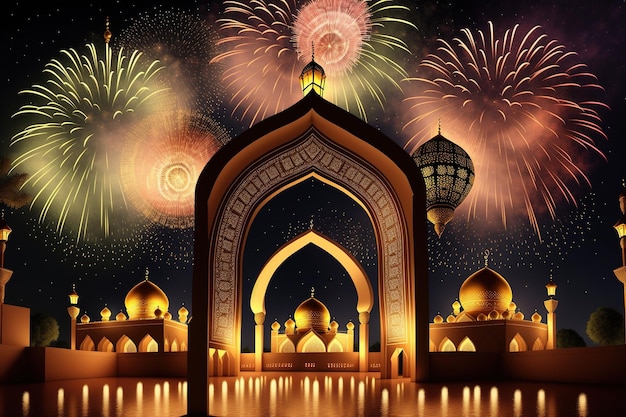 Fireworks in the sky over a mosque