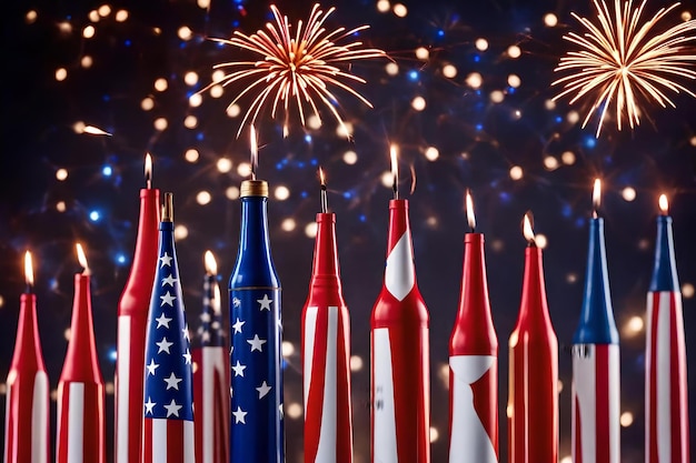 Photo fireworks in the sky behind a red, white, and blue flag.