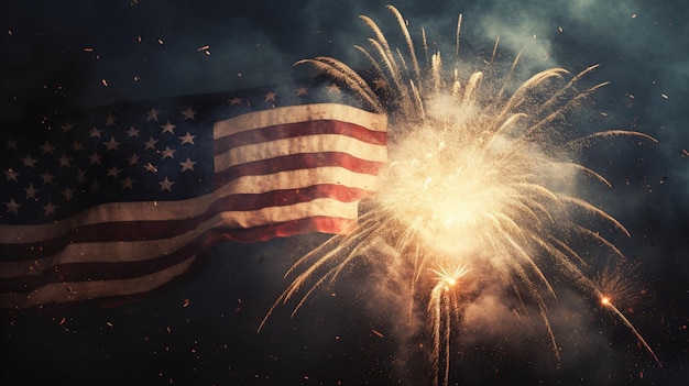 Fireworks in the sky with a american flag in the foreground