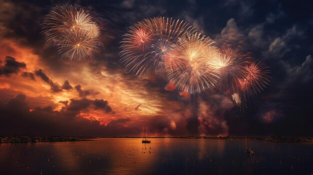 Fireworks in the sky with a boat in the foreground