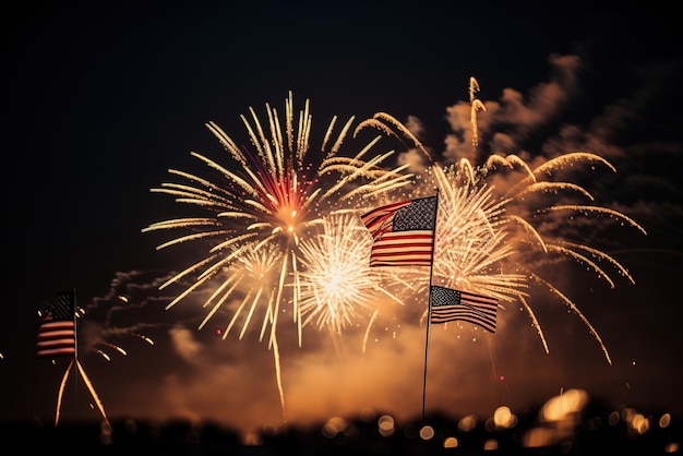 Fireworks in the sky with a flag in the foreground