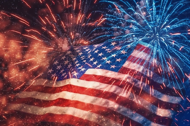 Fireworks in the sky with a flag in the foreground