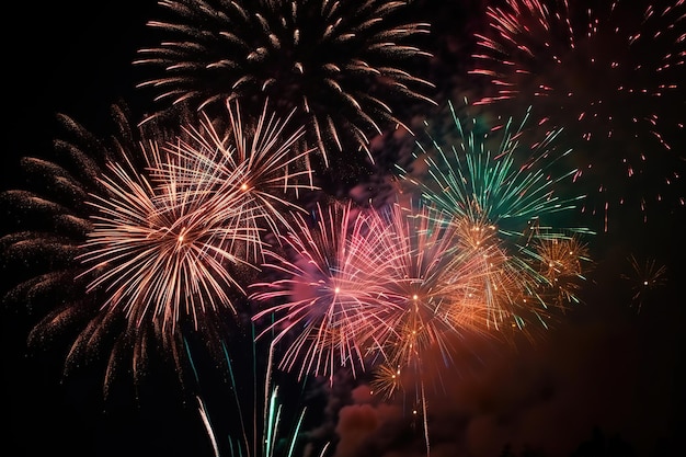 Fireworks in the sky with a green and red background