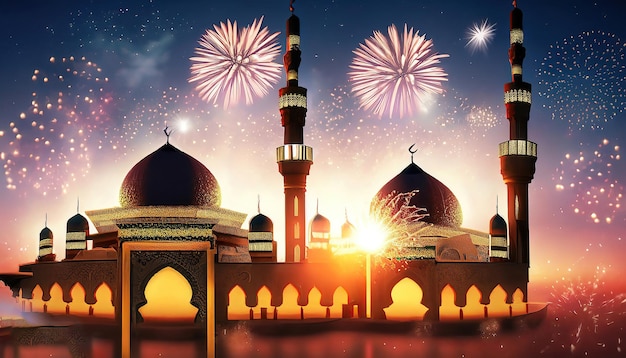 Fireworks in the sky with a mosque and a building with a clock on it