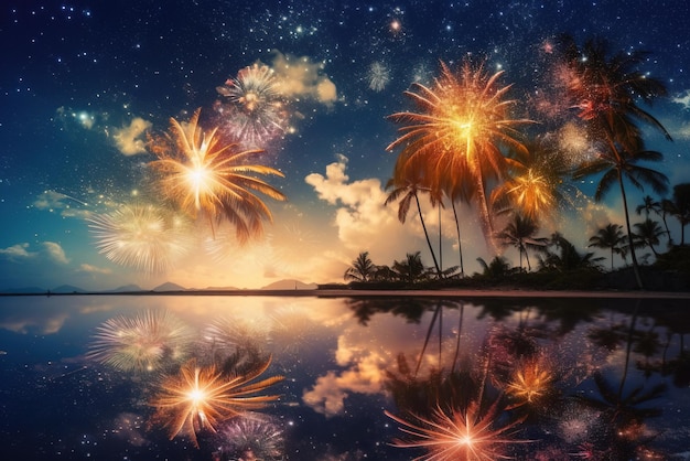 Fireworks in the sky with palm trees and the sky