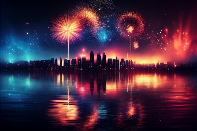 Photo fireworks over the skyline of the city ai generated