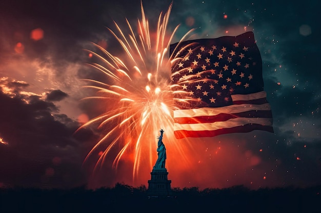 Фейерверк за статуей свободы на день независимости патриотическая открытка июля