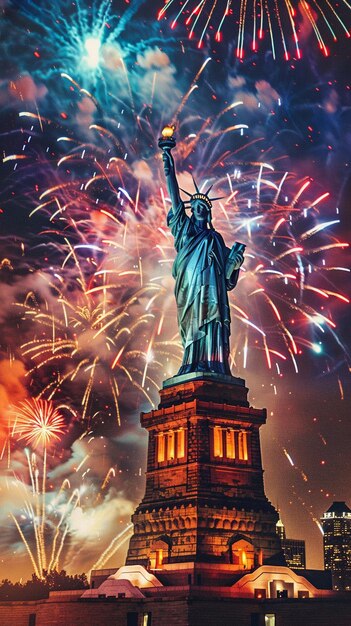 Photo fireworks behind the statue of liberty