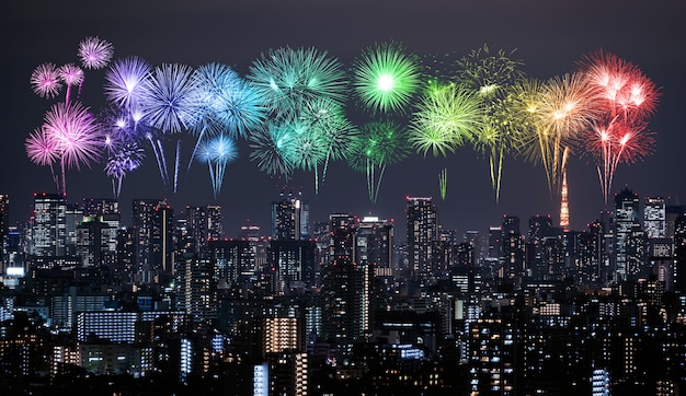 Fireworks over Tokyo cityscape at night, Japan