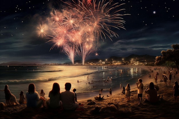 fireworks over the water with a lake in the background