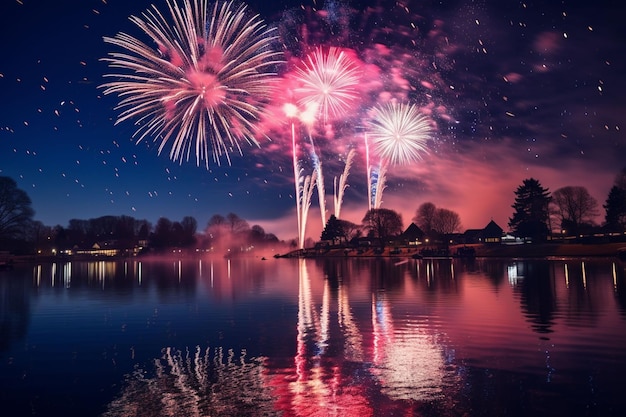 fireworks over the water with a lake in the background