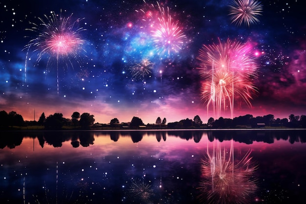 Photo fireworks with blur milky way background