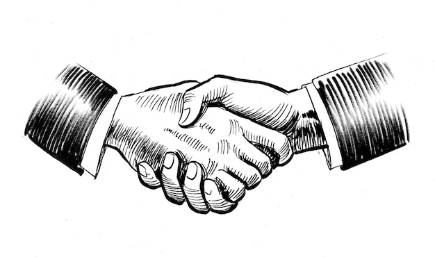 Photo firm handshake, ink black and white drawing