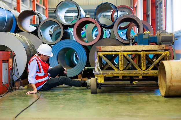 First Aid Accident at work Engineering supervisor lying unconscious at industrial factory Professional engineering teamwork concept