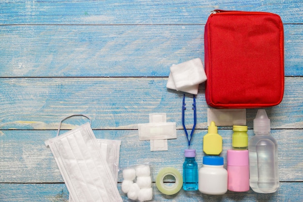 first aid bag kid with medical supplies.