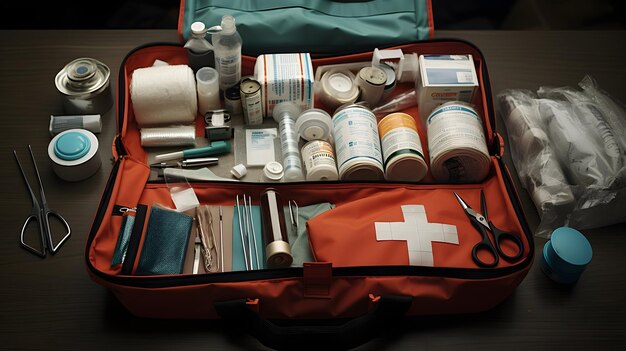 First aid bag open revealing neatly packed medical items