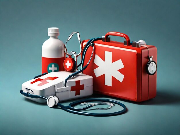 Photo first aid box in white background and a stethoscope in foreground