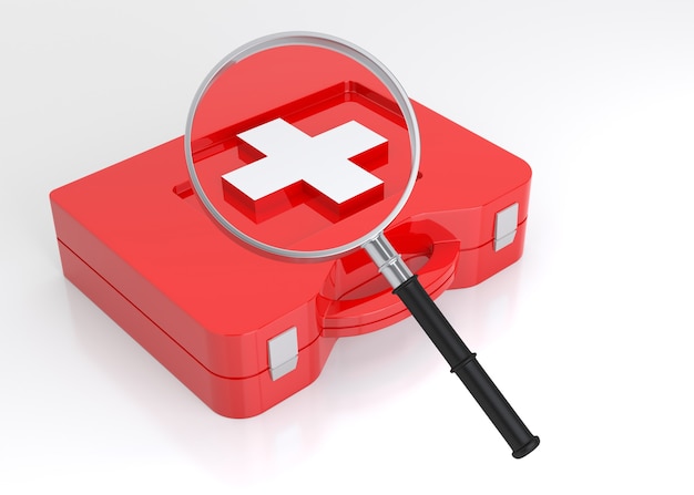 First Aid Case and Magnifying Glass on white background. Isolated 3D image