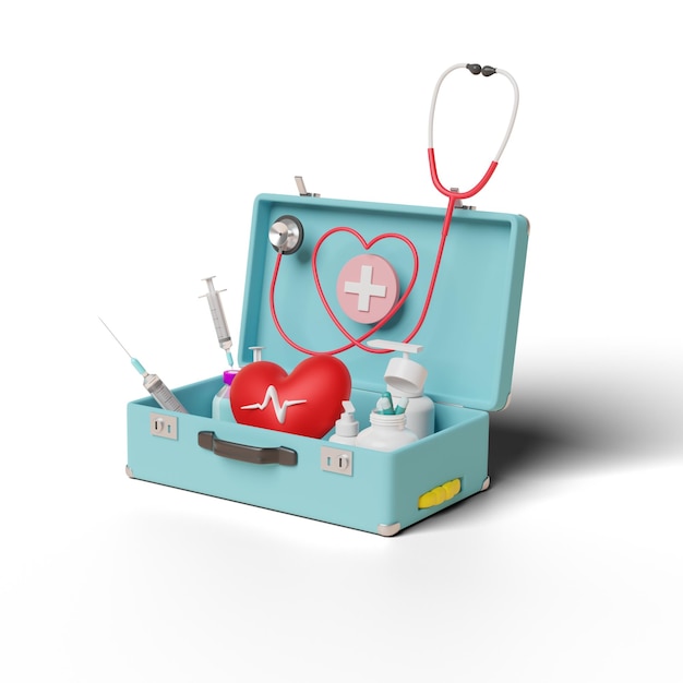 first aid kit bag with stethoscope syringe red heart