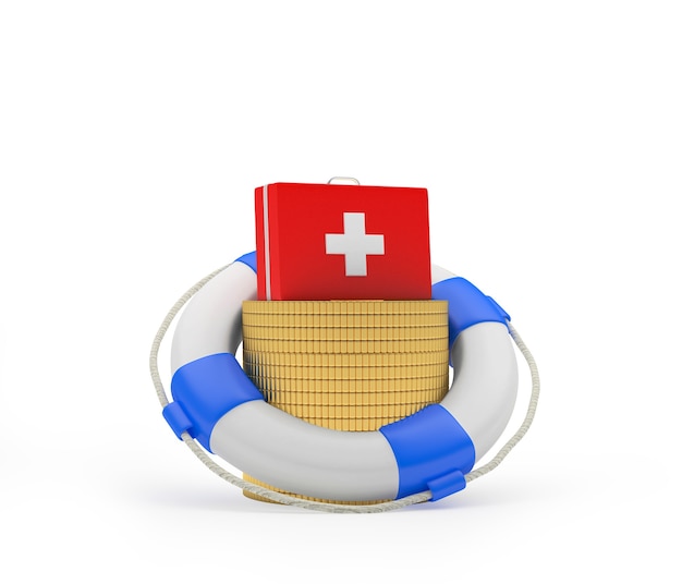 First aid kit on coins in a lifebuoy 3d