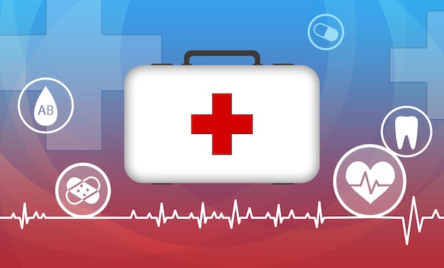 First aid kit and different icons on color background illustration