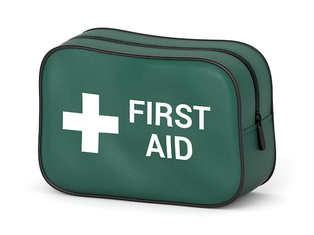 Photo first aid kit: green textile bag islated ob white background. 3d illustration